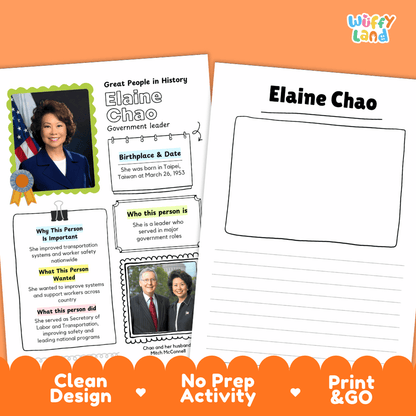 Educational biography summary worksheet featuring a chronological timeline, famous quote, and lined student writing page