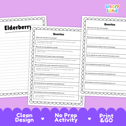 Informational reading passage page detailing elderberry fruit elder shrubs flower blossoms harvesting and cooking safety with photos