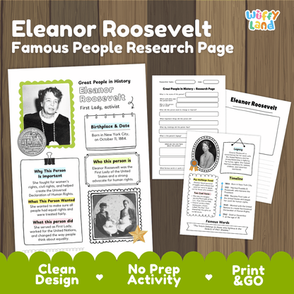 Eleanor Roosevelt Famous People Research Page Worksheets