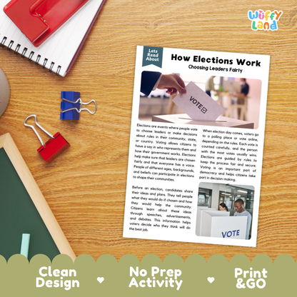 Printable student worksheet with short-answer reading comprehension questions covering elections and democracy