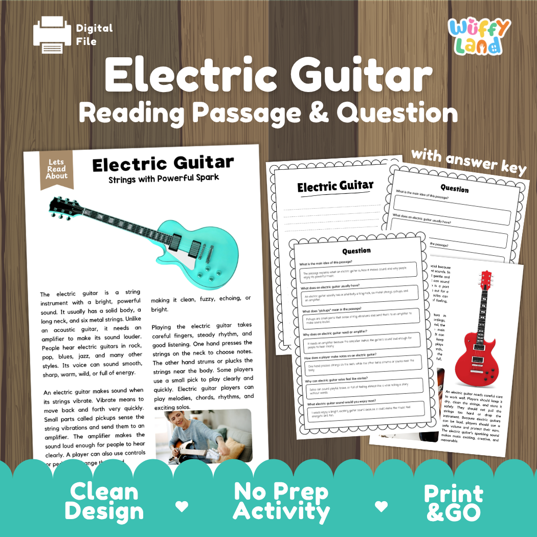 Electric Guitar reading comprehension passage and questions printable activity pack with answer key for elementary students