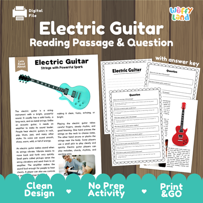 Electric Guitar reading comprehension passage and questions printable activity pack with answer key for elementary students