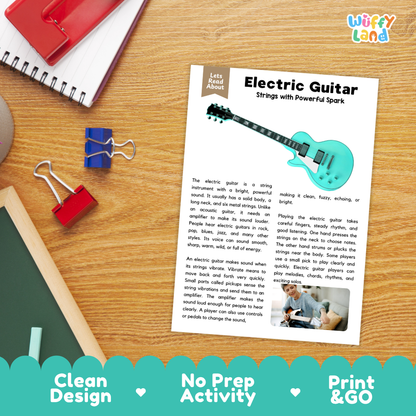 Student reading comprehension worksheet with short-answer questions and lined sections about the electric guitar instrument