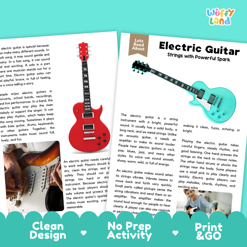 Teacher answer key page showing complete question solutions for Electric Guitar music education reading comprehension practice
