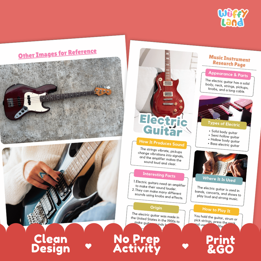 Electric Guitar Music Research Page Worksheets and Information Poster