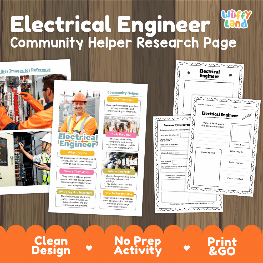 Electrical engineer community helper research page writing worksheets pack featuring real photos and student activity pages for elementary social studies and STEM