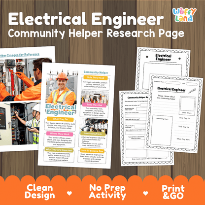 Electrical engineer community helper research page writing worksheets pack featuring real photos and student activity pages for elementary social studies and STEM