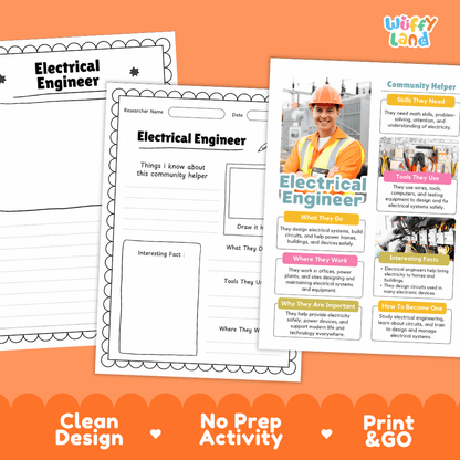 Educational reference poster with real photography showing electrical engineer duties, circuit tools, power plant workplace, and interesting facts