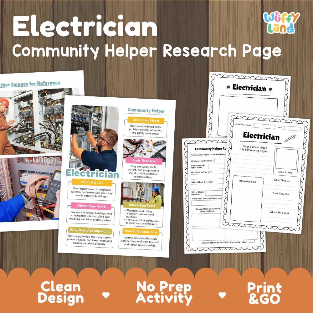 Electrician community helper research page writing worksheets pack featuring real photos and student activity pages for elementary social studies and STEM