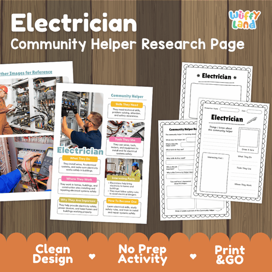 Electrician community helper research page writing worksheets pack featuring real photos and student activity pages for elementary social studies and STEM