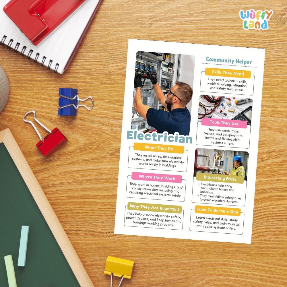 Guided student writing worksheets with lined sections for recording facts and a dedicated box for drawing or pasting a picture of an electrician