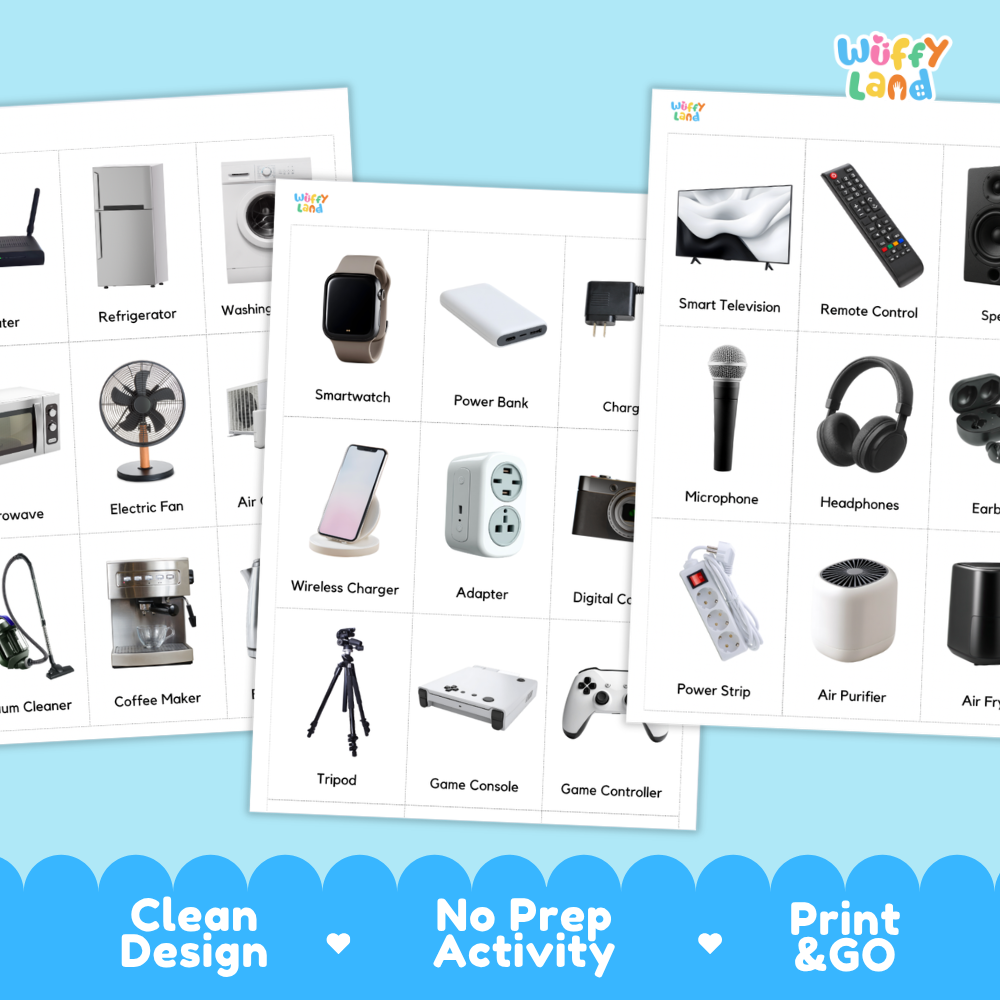 Three educational activity sheets from Wiffy Land displaying various household electronic and appliance items, set against a light blue background with promotional text at the bottom.