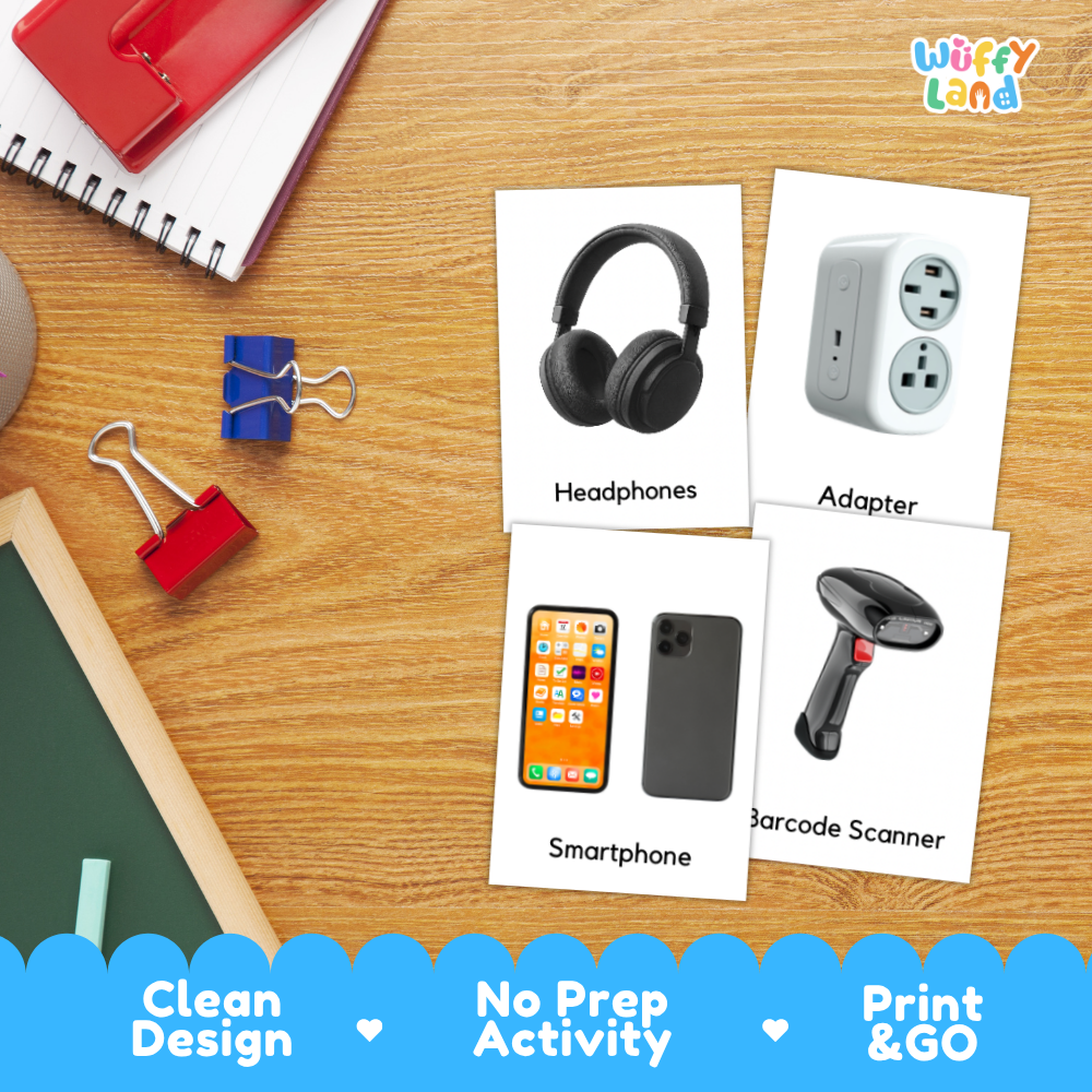 A flat-lay desk scene showing four printed activity cards with labeled images: headphones, an adapter, a smartphone, and a barcode scanner. The cards are arranged on a wooden desk with school supplies around them, and a blue banner at the bottom reads 'Clean Design', 'No Prep Activity', and 'Print & GO'.