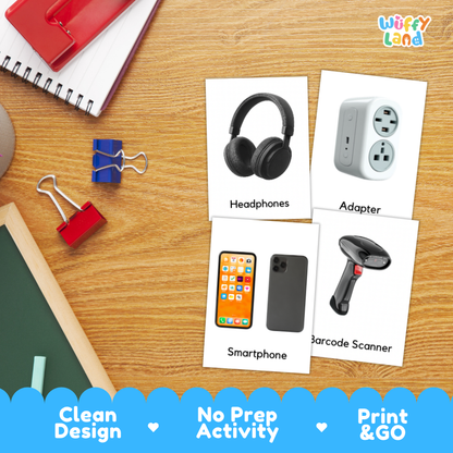 A flat-lay desk scene showing four printed activity cards with labeled images: headphones, an adapter, a smartphone, and a barcode scanner. The cards are arranged on a wooden desk with school supplies around them, and a blue banner at the bottom reads 'Clean Design', 'No Prep Activity', and 'Print & GO'.