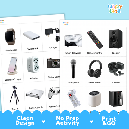 A product display sheet from Wiffy Land featuring educational toy activity cards. The sheet shows two white grids with labeled images of everyday electronic and gaming items, including a smartwatch, power bank, charger, television, remote control, speaker, smartphone wireless charger, adapter, digital camera, microphone, headphones, earbuds, tripod, game console, game controller, and smart home devices.