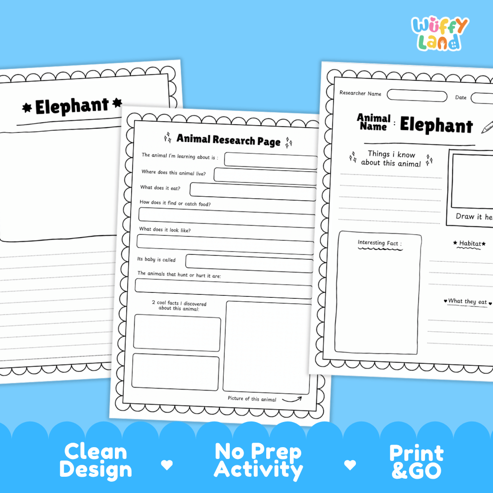 Three printable worksheet pages for an elephant animal research project are shown on a bright blue background. The pages include writing prompts, labeled sections for animal name and elephant details, and drawing boxes.