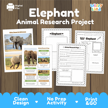 Elephant Animal Research Project digital activity sheet set by Wuffy Land, featuring printable worksheets and a research page template on a wood background with blue banner accents.