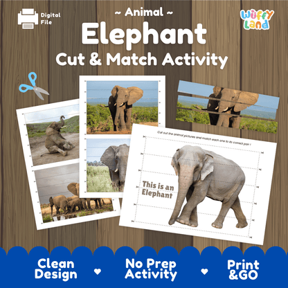 Elephant Cut and Match Activity Worksheets | Safari Animal Puzzle Printables