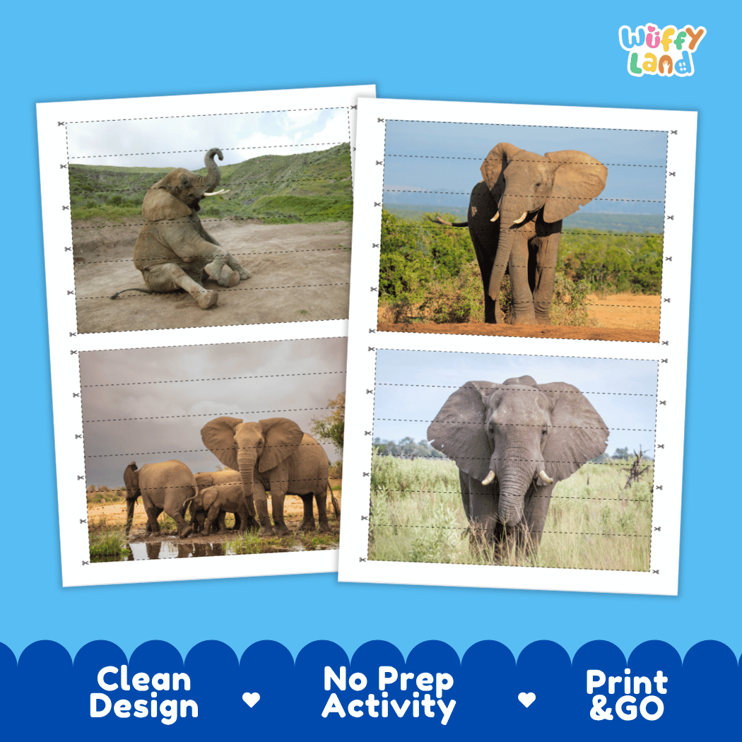 Elephant Cut and Match Activity Worksheets | Safari Animal Puzzle Printables