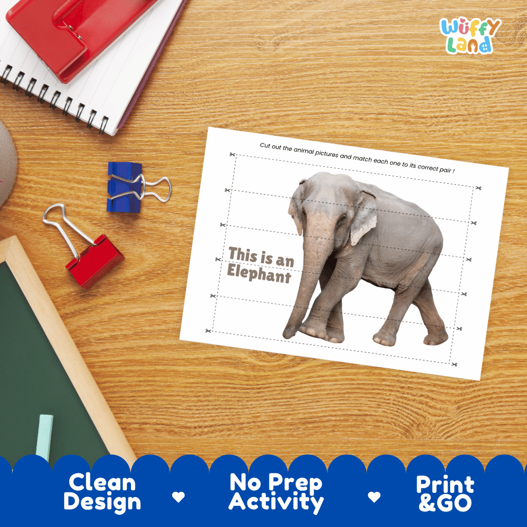 Elephant Cut and Match Activity Worksheets | Safari Animal Puzzle Printables