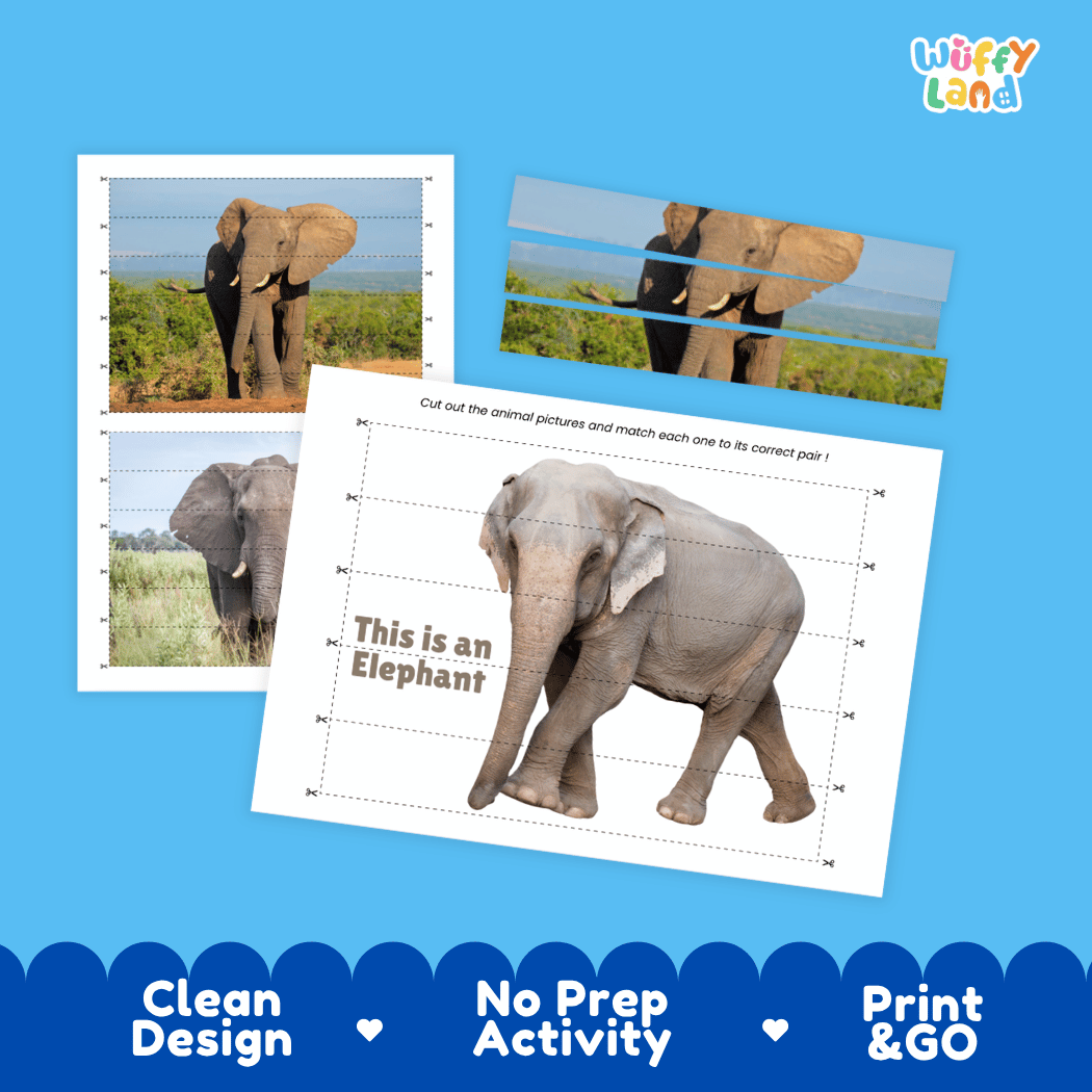 Elephant Cut and Match Activity Worksheets | Safari Animal Puzzle Printables