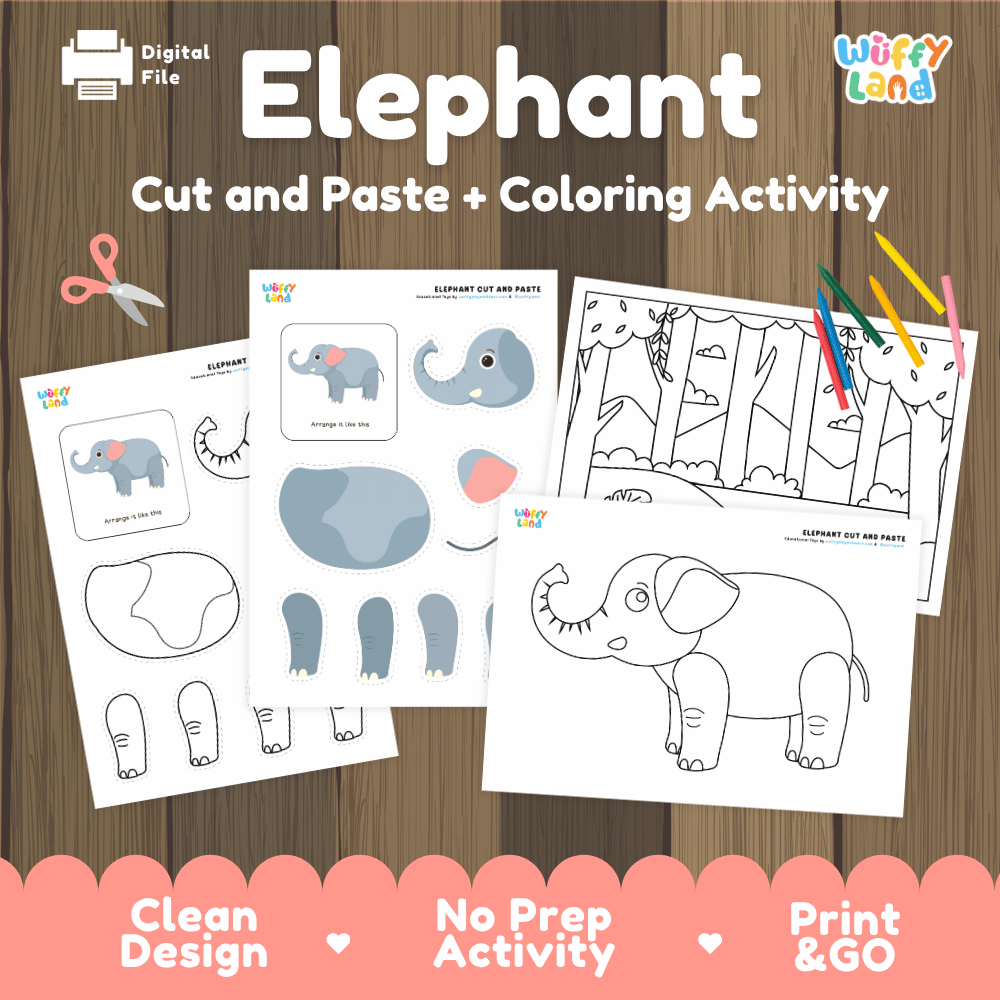 Elephant Cut and Paste Craft and Coloring Activity Worksheets