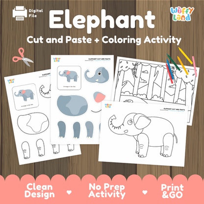Elephant Cut and Paste Craft and Coloring Activity Worksheets