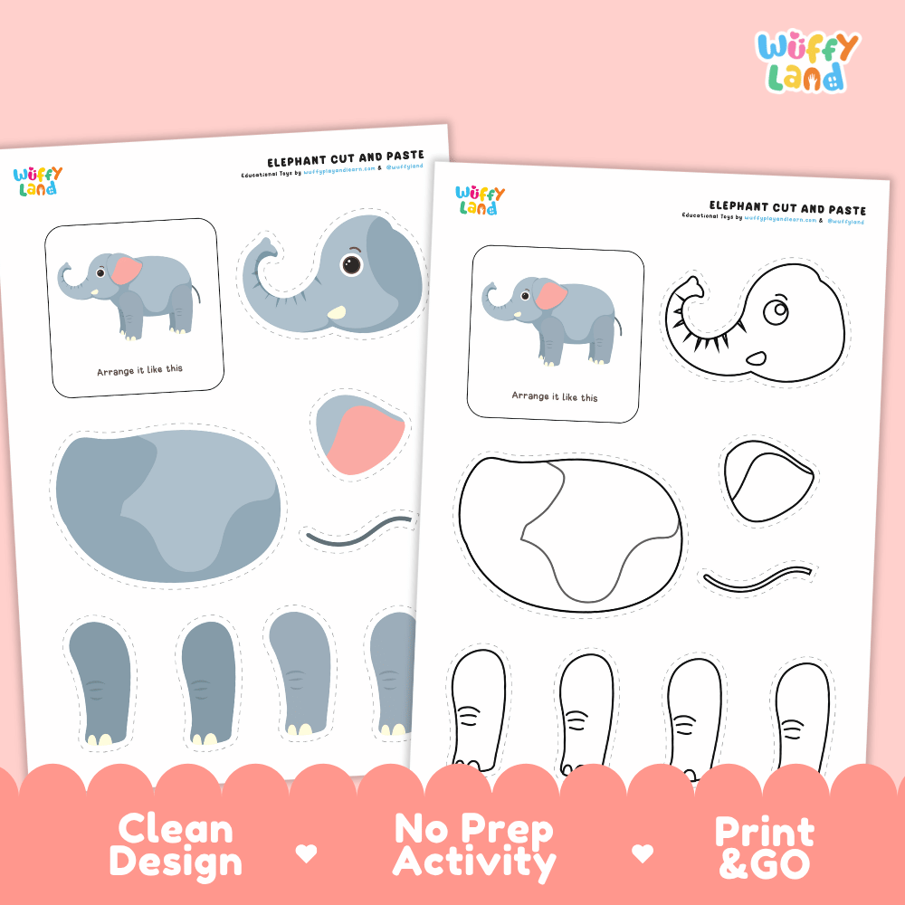 Elephant Cut and Paste Craft and Coloring Activity Worksheets