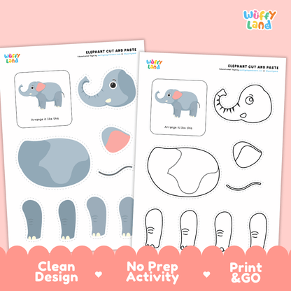 Elephant Cut and Paste Craft and Coloring Activity Worksheets