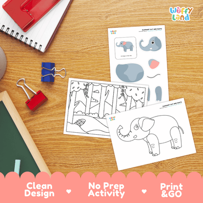 Elephant Cut and Paste Craft and Coloring Activity Worksheets