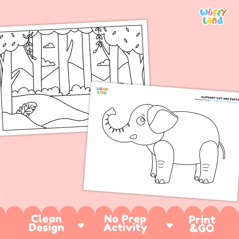 Elephant Cut and Paste Craft and Coloring Activity Worksheets