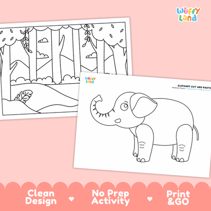 Elephant Cut and Paste Craft and Coloring Activity Worksheets