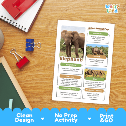 An educational animal research activity sheet about an elephant, displayed on a wooden desk with notebooks, binder clips, and a red notebook. The sheet features a photo of an elephant and text boxes for appearance, habitat, diet, and interesting facts.