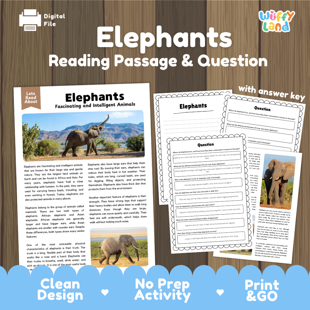Elephants Reading Passage & Question digital activity sheet set by Wiffly Land, featuring a wooden background with a sample page and multiple worksheet pages, labeled with 'with answer key'.