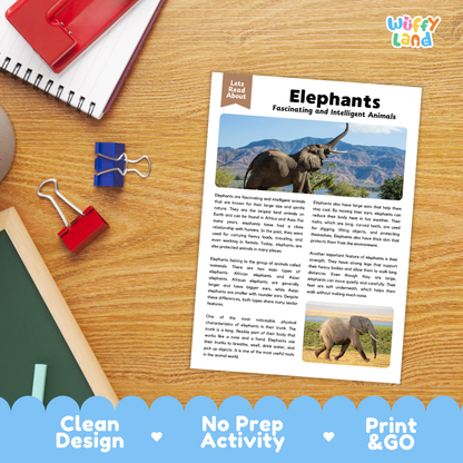 An educational activity sheet titled 'Elephants Fascinating and Intelligent Animals' displayed on a wooden desk with school supplies. The sheet features text and animal photographs, and the image includes a blue scalloped banner at the bottom with the text 'Clean Design', 'No Prep Activity', and 'Print & GO'.