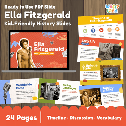 Promotional graphic for a digital product: 'Ella Fitzgerald Kid-Friendly History Slides' by Wiffly Land. The image shows a laptop mockup with the cover slide and several sample page thumbnails arranged on a wood background, plus text reading 'Ready to Use PDF Slide,' '24 Pages,' and 'Timeline · Discussion · Vocabulary.