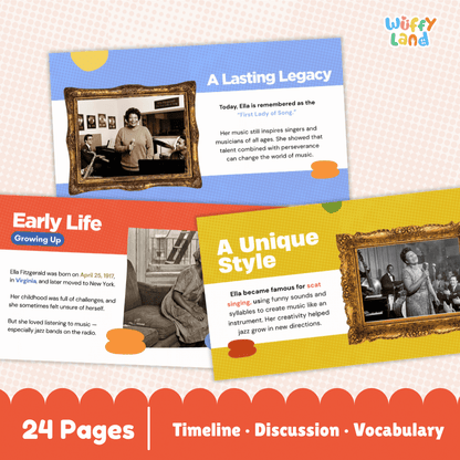 Promotional graphic for a children's educational timeline book titled 'A Lasting Legacy' by Wuffy Land. The design shows three colorful cover panels with text sections about Ella Fitzgerald's life, framed black-and-white photos, and a red banner at the bottom reading '24 Pages | Timeline · Discussion · Vocabulary'.