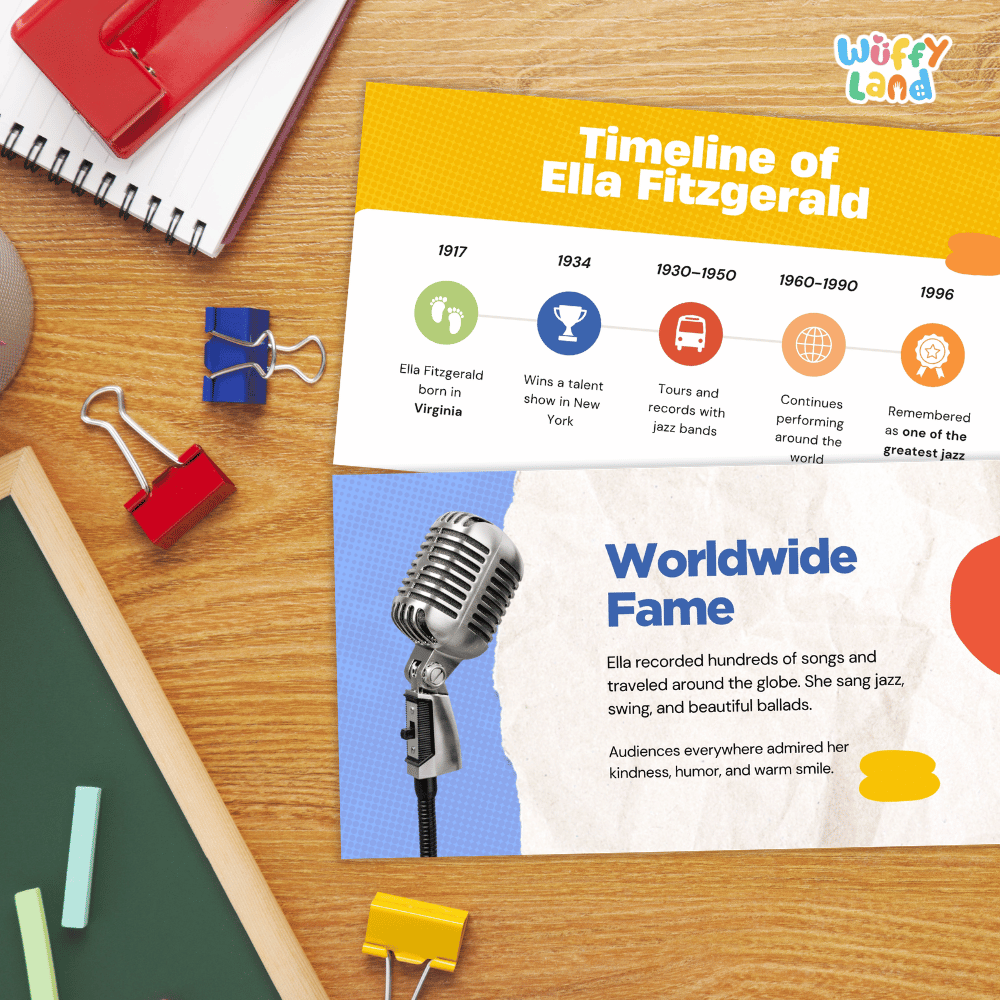 An educational poster titled 'Timeline of Ella Fitzgerald' laid out on a wooden desk with school supplies like binder clips, a spiral notebook, chalk, and a red box. The poster has a yellow top section with timeline markers and a blue bottom section with a vintage microphone and text about her worldwide fame.