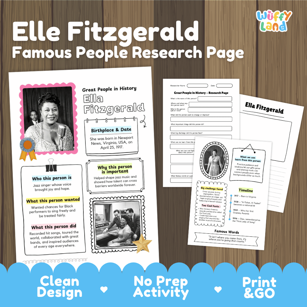 Ella Fitzgerald Famous People Research Page Worksheets and Biography Activity
