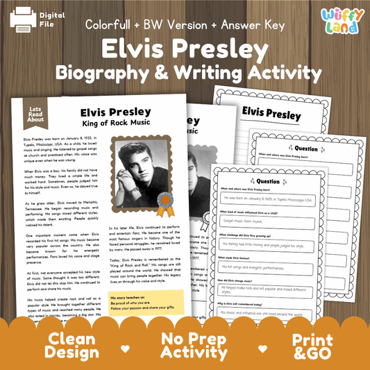 Elvis Presley biography reading comprehension worksheets with nonfiction passage, comprehension questions, writing activity and answer key for students