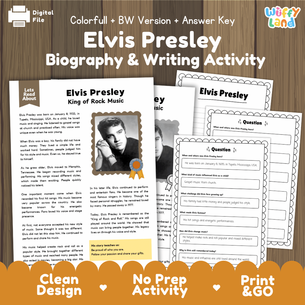 Elvis Presley Biography & Writing Activity printable worksheet set, featuring a colorful cover graphic, a black-and-white version preview, and several colorful activity sheets with writing prompts and questions. The sheets are arranged on a wood-textured background with promotional text along the bottom.