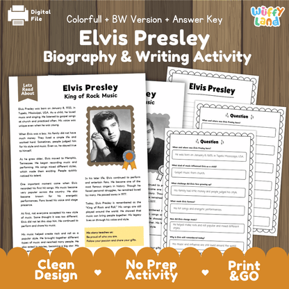 Elvis Presley Biography & Writing Activity printable worksheet set, featuring a colorful cover graphic, a black-and-white version preview, and several colorful activity sheets with writing prompts and questions. The sheets are arranged on a wood-textured background with promotional text along the bottom.