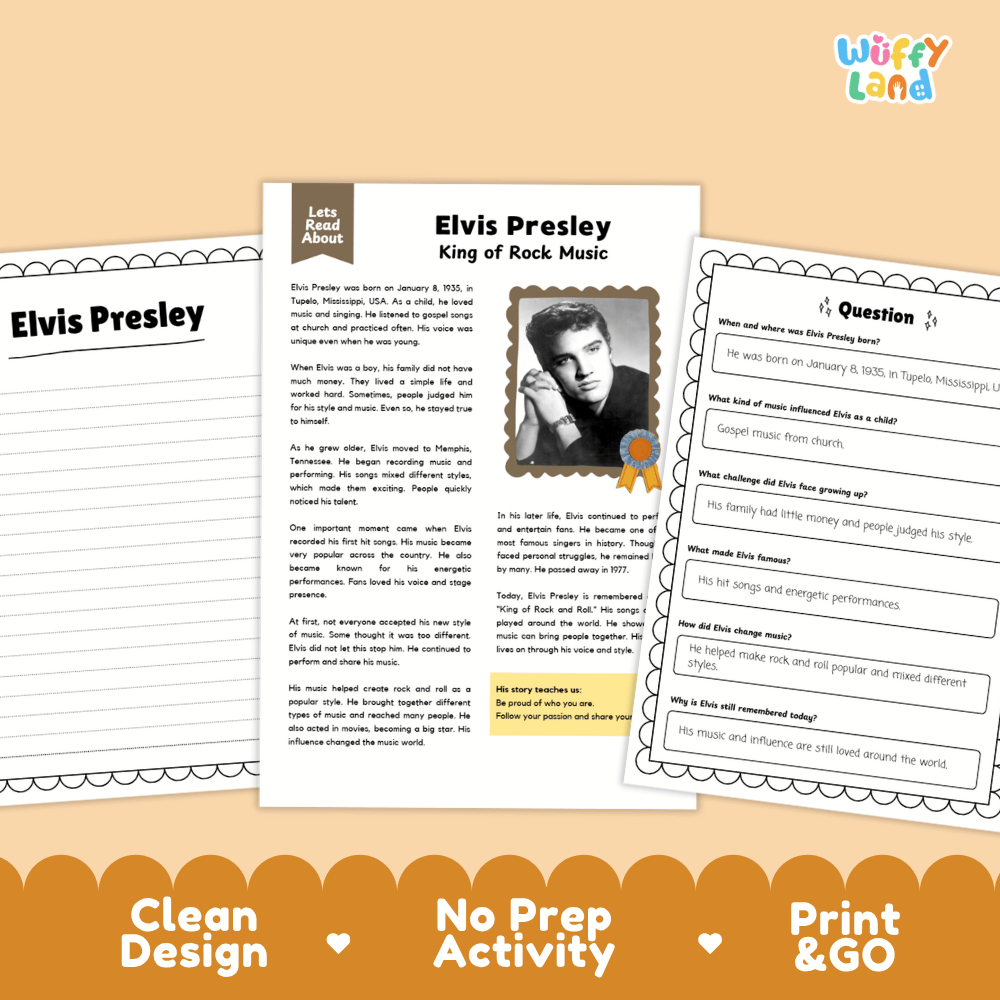 Elvis Presley Biography Reading Passage and Writing Activity Worksheets