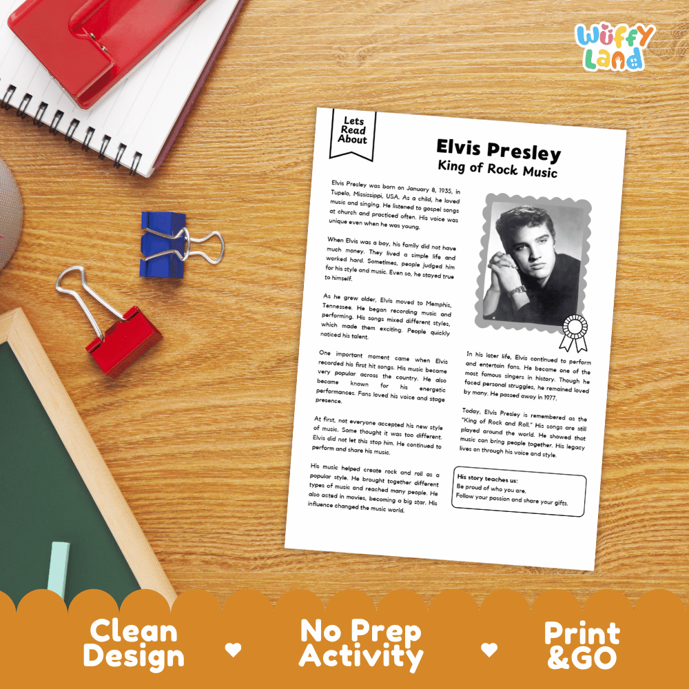 A printed activity sheet titled 'Elvis Presley King of Rock Music' with a black-and-white portrait photo and text, shown on a wooden desk with notebooks, clips, and an orange promotional banner at the bottom. The 'Wiffly Land' logo appears in the top right.
