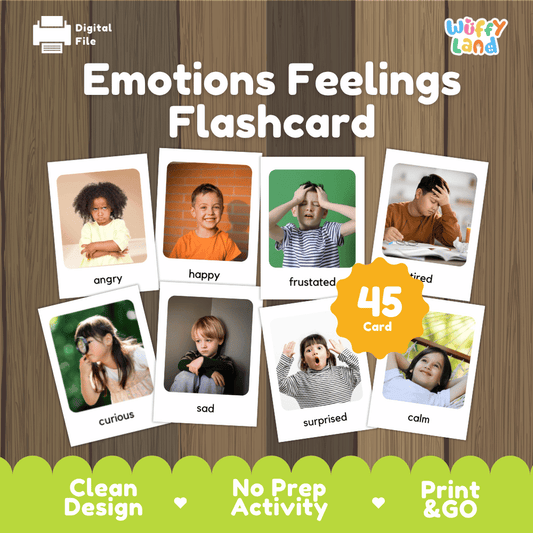 Emotions Feelings Flashcard printable social emotional learning real photo activity pack overview from Wuffy Land featuring 45 cards 💛😊