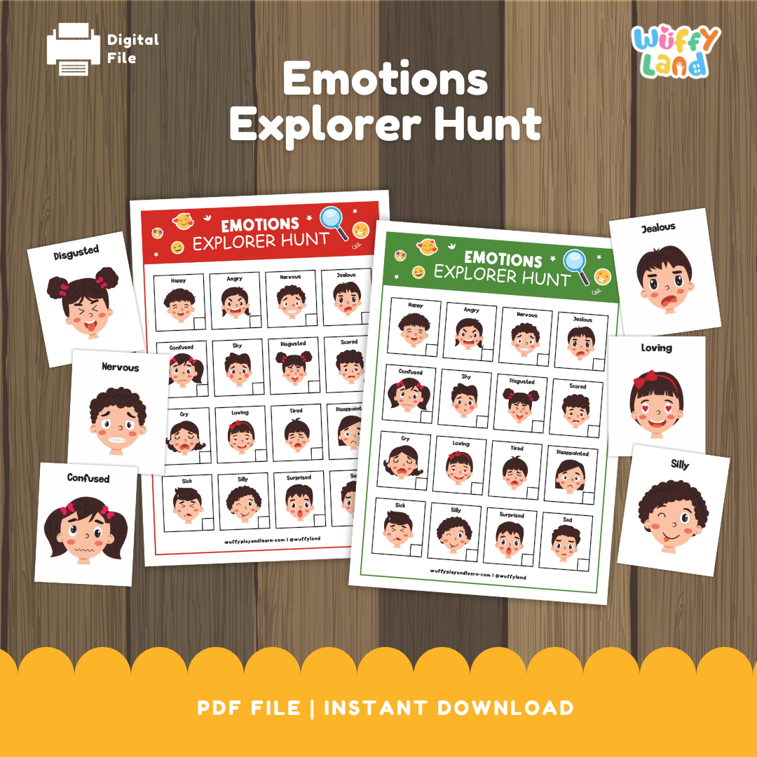 Printable activity set titled “Emotions Explorer Hunt” displayed on a wooden background. The set includes two colorful emotion charts (red and green versions) featuring cartoon faces showing different feelings such as happy, sad, angry, surprised, and nervous. Around the charts are individual emotion cards labeled with words like Jealous, Loving, Silly, and Confused. Designed to help children identify and talk about emotions through playful exploration.
