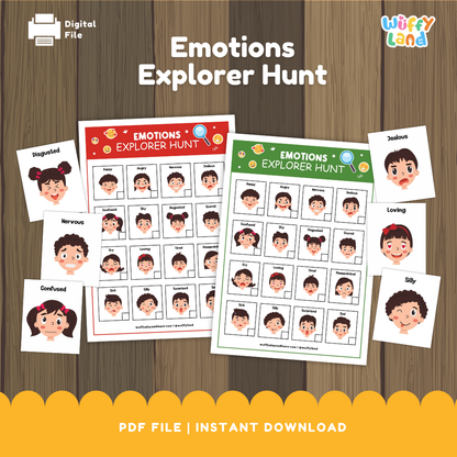 Printable activity set titled “Emotions Explorer Hunt” displayed on a wooden background. The set includes two colorful emotion charts (red and green versions) featuring cartoon faces showing different feelings such as happy, sad, angry, surprised, and nervous. Around the charts are individual emotion cards labeled with words like Jealous, Loving, Silly, and Confused. Designed to help children identify and talk about emotions through playful exploration.