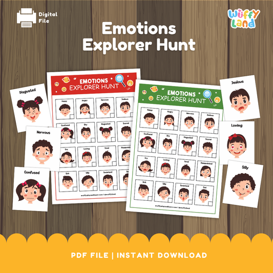 Printable activity set titled “Emotions Explorer Hunt” displayed on a wooden background. The set includes two colorful emotion charts (red and green versions) featuring cartoon faces showing different feelings such as happy, sad, angry, surprised, and nervous. Around the charts are individual emotion cards labeled with words like Jealous, Loving, Silly, and Confused. Designed to help children identify and talk about emotions through playful exploration.
