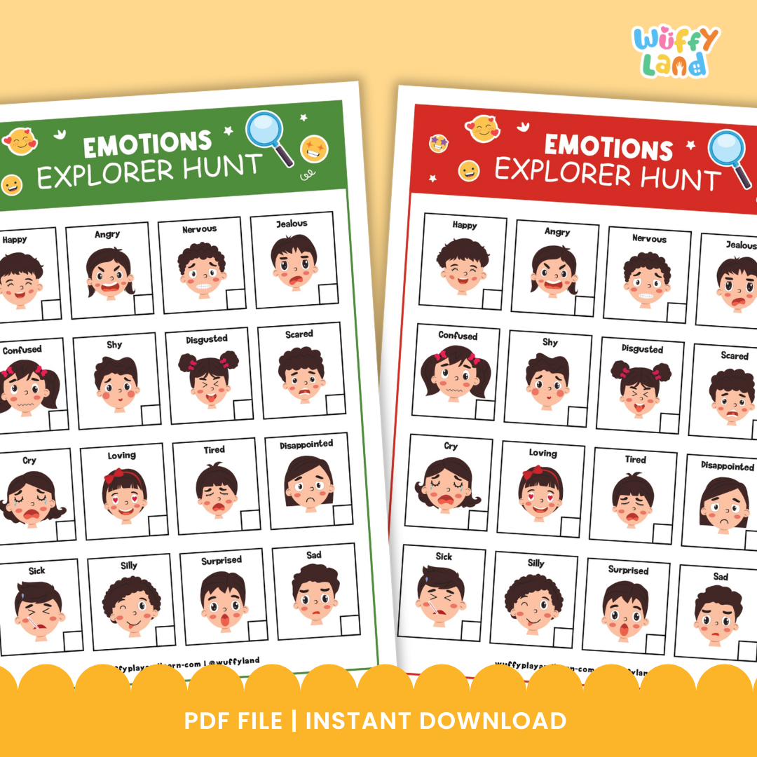 Printable activity set titled “Emotions Explorer Hunt” displayed on a wooden background. The set includes two colorful emotion charts (red and green versions) featuring cartoon faces showing different feelings such as happy, sad, angry, surprised, and nervous. Around the charts are individual emotion cards labeled with words like Jealous, Loving, Silly, and Confused. Designed to help children identify and talk about emotions through playful exploration.