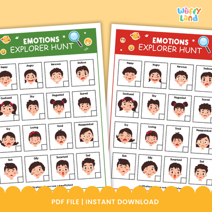 Printable activity set titled “Emotions Explorer Hunt” displayed on a wooden background. The set includes two colorful emotion charts (red and green versions) featuring cartoon faces showing different feelings such as happy, sad, angry, surprised, and nervous. Around the charts are individual emotion cards labeled with words like Jealous, Loving, Silly, and Confused. Designed to help children identify and talk about emotions through playful exploration.